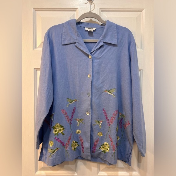 Vtg Womens Linen Infused Button Front Top Sz XL Embroidered Hummingbirds Cottage - Picture 1 of 9